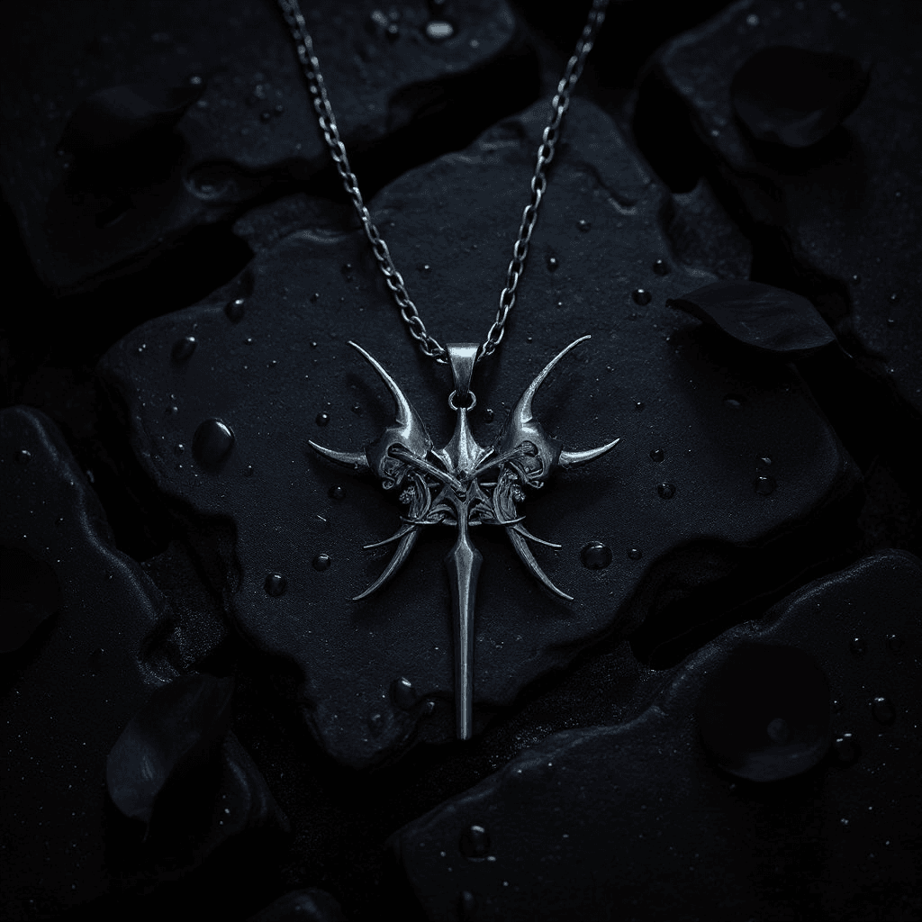 Velthorn Pendant — on dark stone with rose petals