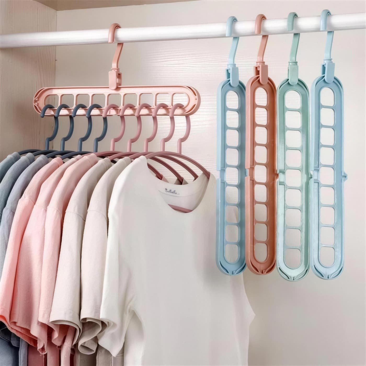 Closet view, folded and hanging colourways